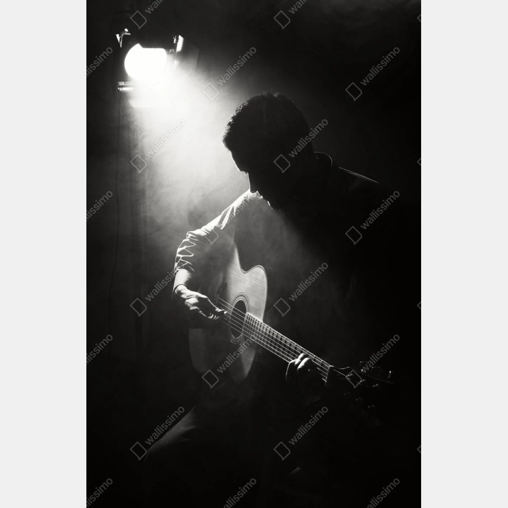 Repositionierbarer Aufkleber silhouette eines gitaristen im scheinwerferlicht – Wallnifity® Repositionierbarer Aufkleber silhouette eines gitaristen im scheinwerferlicht – Wallnifity®