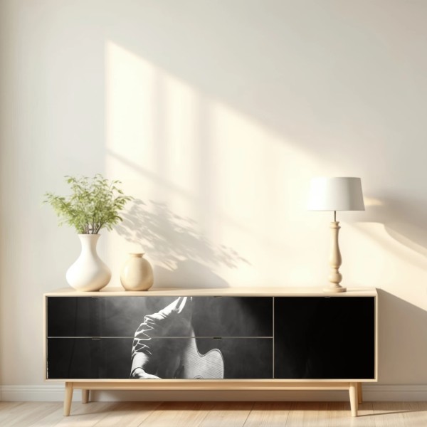 Repositionierbarer Aufkleber silhouette eines gitaristen im scheinwerferlicht – Wallnifity® Repositionierbarer Aufkleber silhouette eines gitaristen im scheinwerferlicht – Wallnifity®