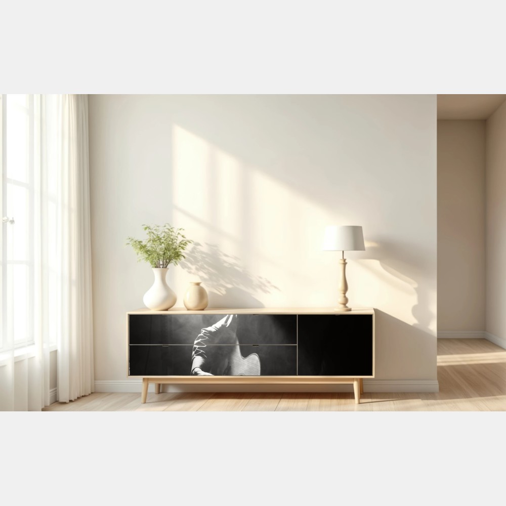 Repositionierbarer Aufkleber silhouette eines gitaristen im scheinwerferlicht – Wallnifity® Repositionierbarer Aufkleber silhouette eines gitaristen im scheinwerferlicht – Wallnifity®