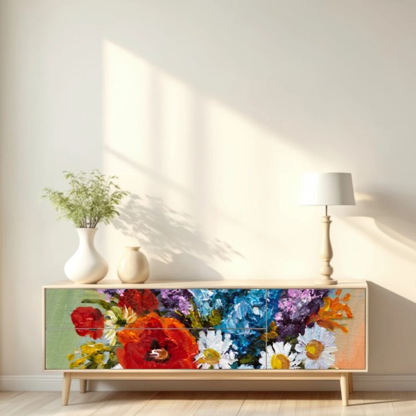 Repositionierbarer Aufkleber farbenfroher blumenstrauß in vase – Wallnifity® Repositionierbarer Aufkleber farbenfroher blumenstrauß in vase – Wallnifity®
