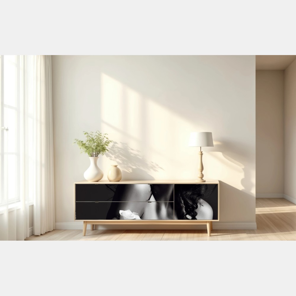Repositionierbarer Aufkleber sinnliches schwarzweiß-porträt mit rose – Wallnifity® Repositionierbarer Aufkleber sinnliches schwarzweiß-porträt mit rose – Wallnifity®