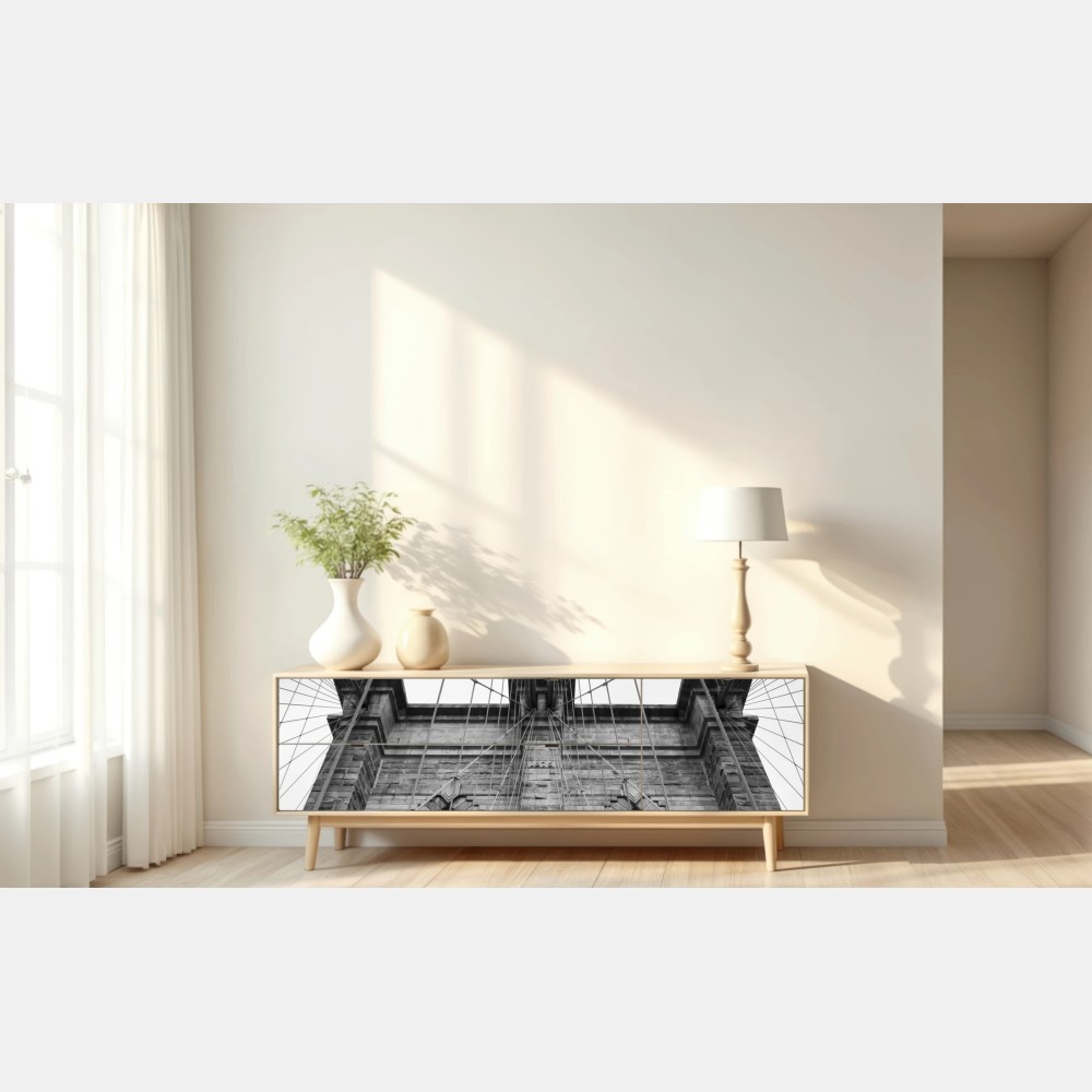 Repositionierbarer Aufkleber perspektive der Brooklyn Bridge in monochrom – Wallnifity® Repositionierbarer Aufkleber perspektive der Brooklyn Bridge in monochrom – Wallnifity®