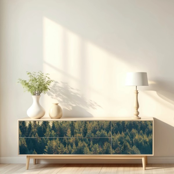 Repositionierbarer Aufkleber nebliger kiefernwald im morgenlicht – Wallnifity® Repositionierbarer Aufkleber nebliger kiefernwald im morgenlicht – Wallnifity®