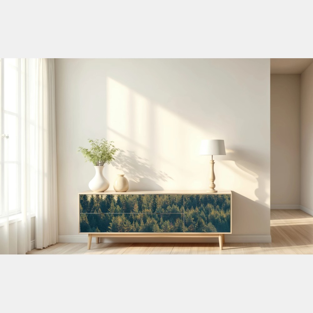 Repositionierbarer Aufkleber nebliger kiefernwald im morgenlicht – Wallnifity® Repositionierbarer Aufkleber nebliger kiefernwald im morgenlicht – Wallnifity®