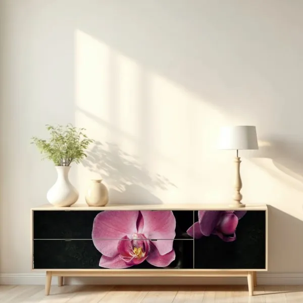 Repositionierbarer Aufkleber rosa orchidee vor dunklem vintage-hintergrund – Wallnifity® Repositionierbarer Aufkleber rosa orchidee vor dunklem vintage-hintergrund – Wallnifity®