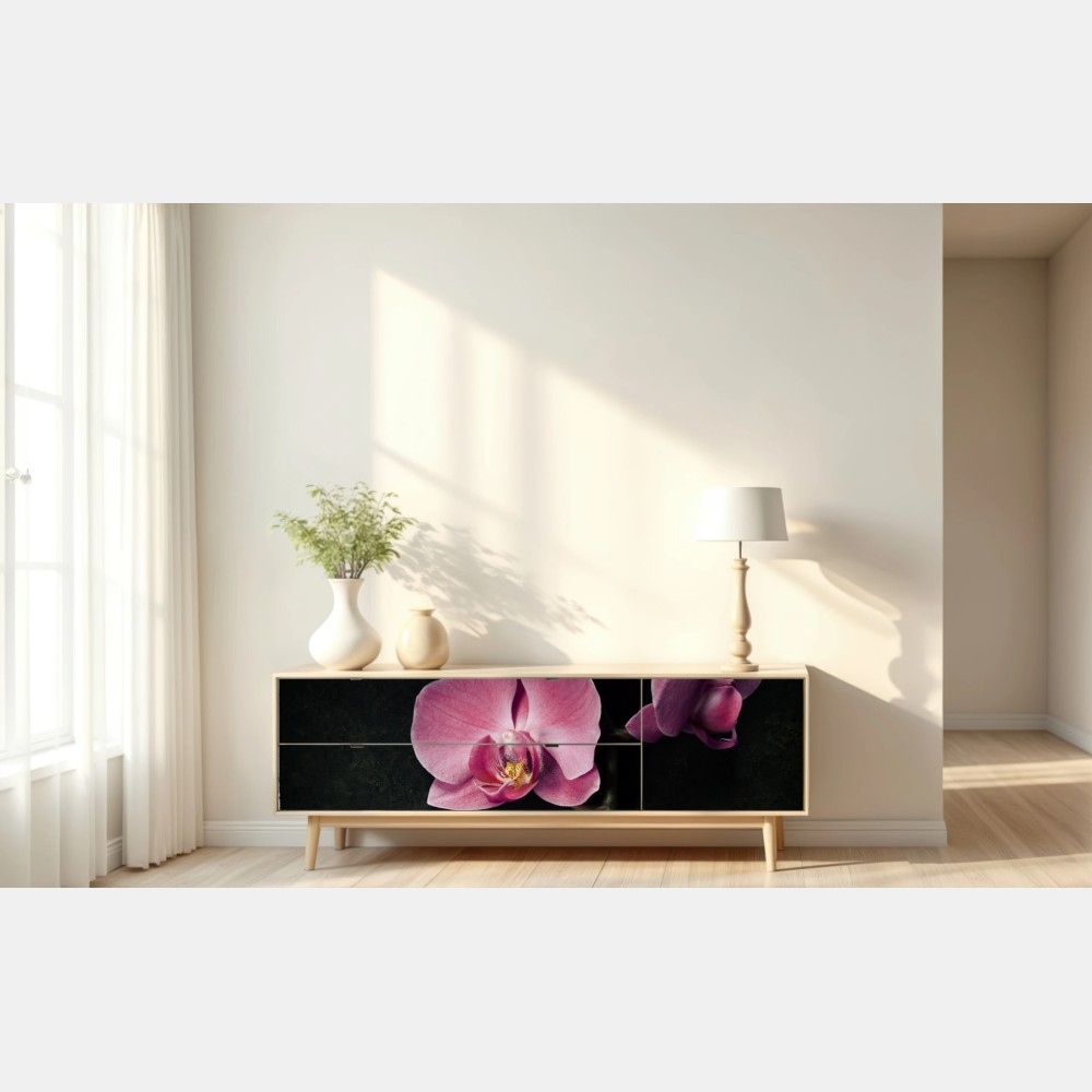 Repositionierbarer Aufkleber rosa orchidee vor dunklem vintage-hintergrund – Wallnifity® Repositionierbarer Aufkleber rosa orchidee vor dunklem vintage-hintergrund – Wallnifity®