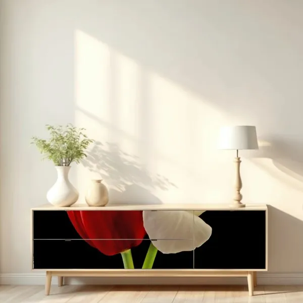 Repositionierbarer Aufkleber rote und weiße tulpen auf schwarzem hintergrund – Wallnifity® Repositionierbarer Aufkleber rote und weiße tulpen auf schwarzem hintergrund – Wallnifity®