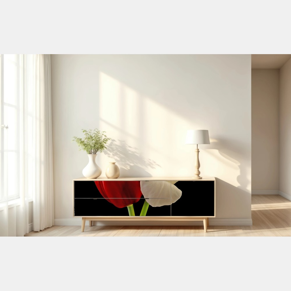 Repositionierbarer Aufkleber rote und weiße tulpen auf schwarzem hintergrund – Wallnifity® Repositionierbarer Aufkleber rote und weiße tulpen auf schwarzem hintergrund – Wallnifity®
