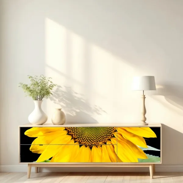 Repositionierbarer Aufkleber leuchtende sonnenblume vor schwarzem hintergrund – Wallnifity® Repositionierbarer Aufkleber leuchtende sonnenblume vor schwarzem hintergrund – Wallnifity®