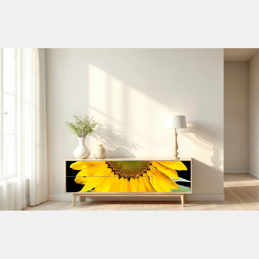 Repositionierbarer Aufkleber leuchtende sonnenblume vor schwarzem hintergrund – Wallnifity® Repositionierbarer Aufkleber leuchtende sonnenblume vor schwarzem hintergrund – Wallnifity®