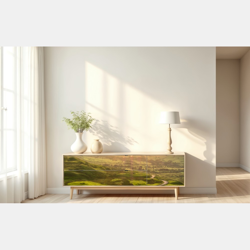 Repositionierbarer Aufkleber goldener sonnenuntergang über einer geschwungenen landstraße – Wallnifity® Repositionierbarer Aufkleber goldener sonnenuntergang über einer geschwungenen landstraße – Wallnifity®