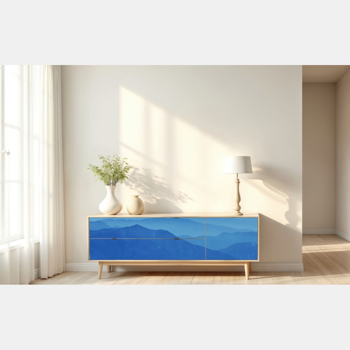 Repositionierbarer Aufkleber neblige blaue bergschichten – Wallnifity® Repositionierbarer Aufkleber neblige blaue bergschichten – Wallnifity®