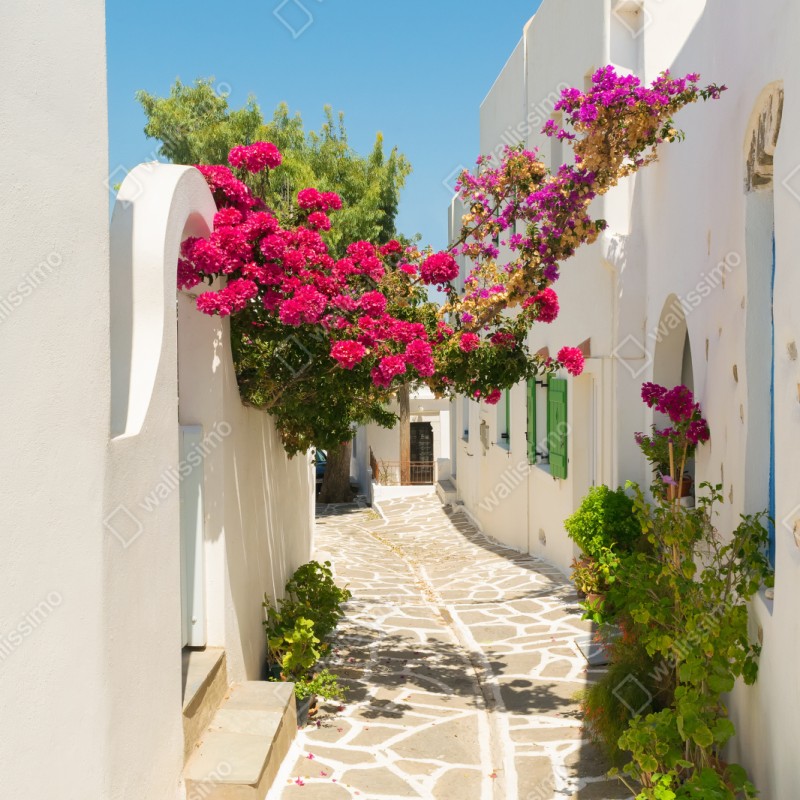 Repositionierbarer Aufkleber sonnige mediterrane gasse mit bougainvillea – Wallnifity® Repositionierbarer Aufkleber sonnige mediterrane gasse mit bougainvillea – Wallnifity®