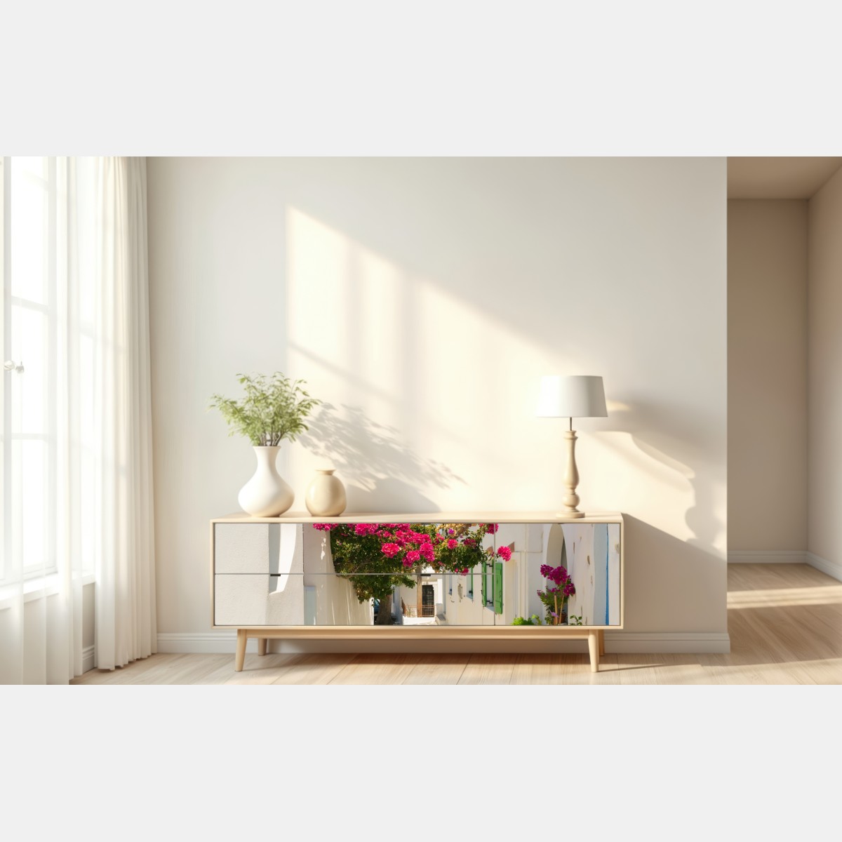 Repositionierbarer Aufkleber sonnige mediterrane gasse mit bougainvillea – Wallnifity® Repositionierbarer Aufkleber sonnige mediterrane gasse mit bougainvillea – Wallnifity®