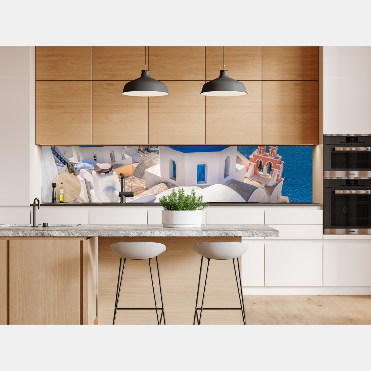Repositionierbarer Aufkleber sonniges Santorini blaue kuppeln und meerblick – Wallnifity® Repositionierbarer Aufkleber sonniges Santorini blaue kuppeln und meerblick – Wallnifity®