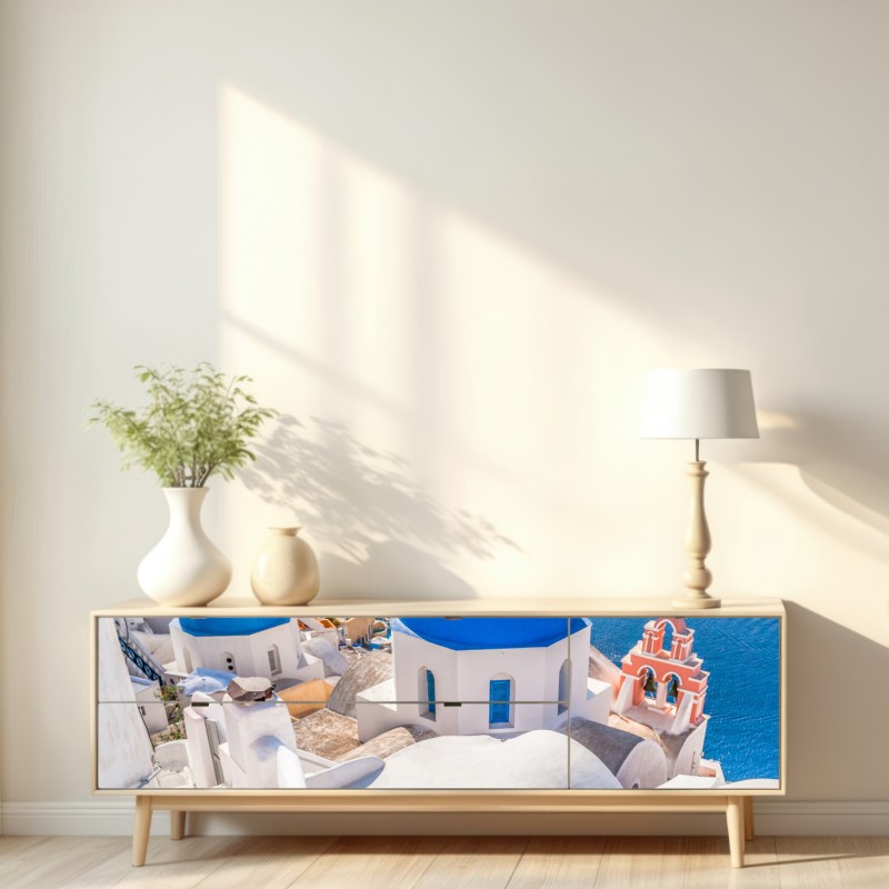 Repositionierbarer Aufkleber sonniges Santorini blaue kuppeln und meerblick – Wallnifity® Repositionierbarer Aufkleber sonniges Santorini blaue kuppeln und meerblick – Wallnifity®