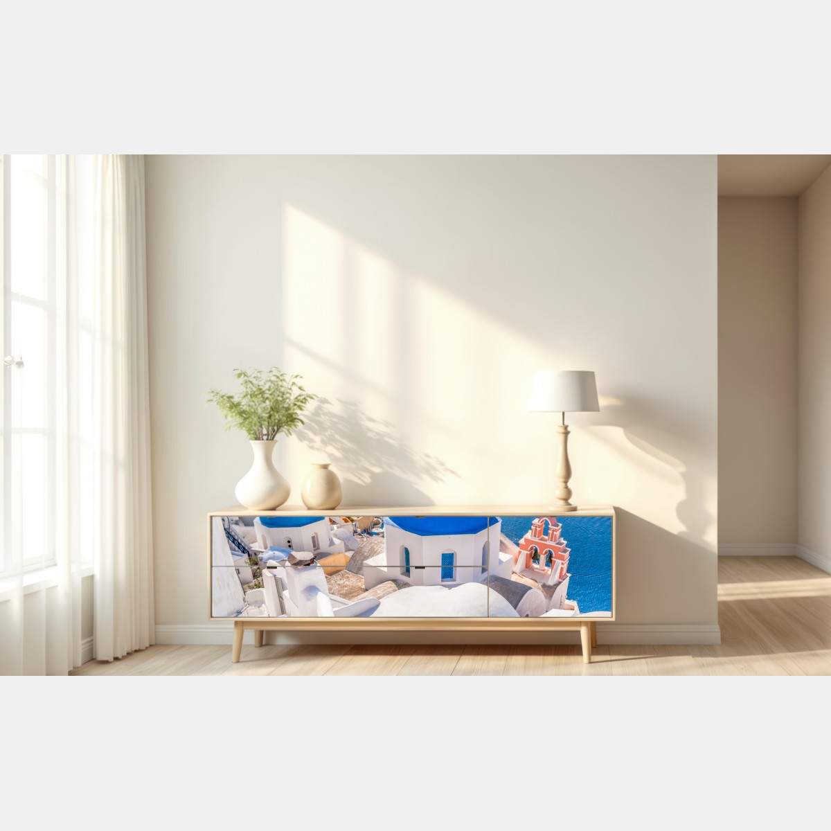 Repositionierbarer Aufkleber sonniges Santorini blaue kuppeln und meerblick – Wallnifity® Repositionierbarer Aufkleber sonniges Santorini blaue kuppeln und meerblick – Wallnifity®