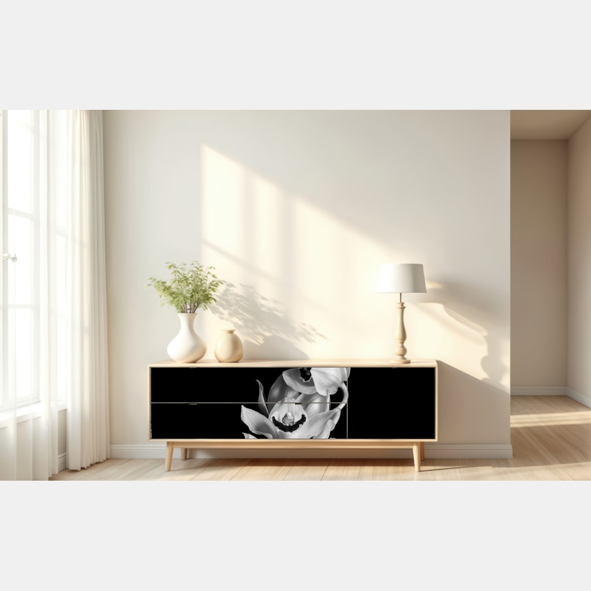 Repositionierbarer Aufkleber eleganter monochromer orchideenstiel – Wallnifity® Repositionierbarer Aufkleber eleganter monochromer orchideenstiel – Wallnifity®