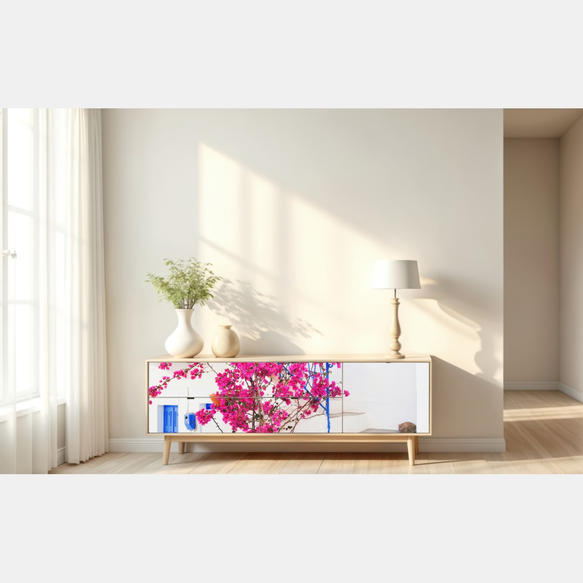 Repositionierbarer Aufkleber rosa bougainvillea vor weißem haus auf griechischer insel – Wallnifity® Repositionierbarer Aufkleber rosa bougainvillea vor weißem haus auf griechischer insel – Wallnifity®