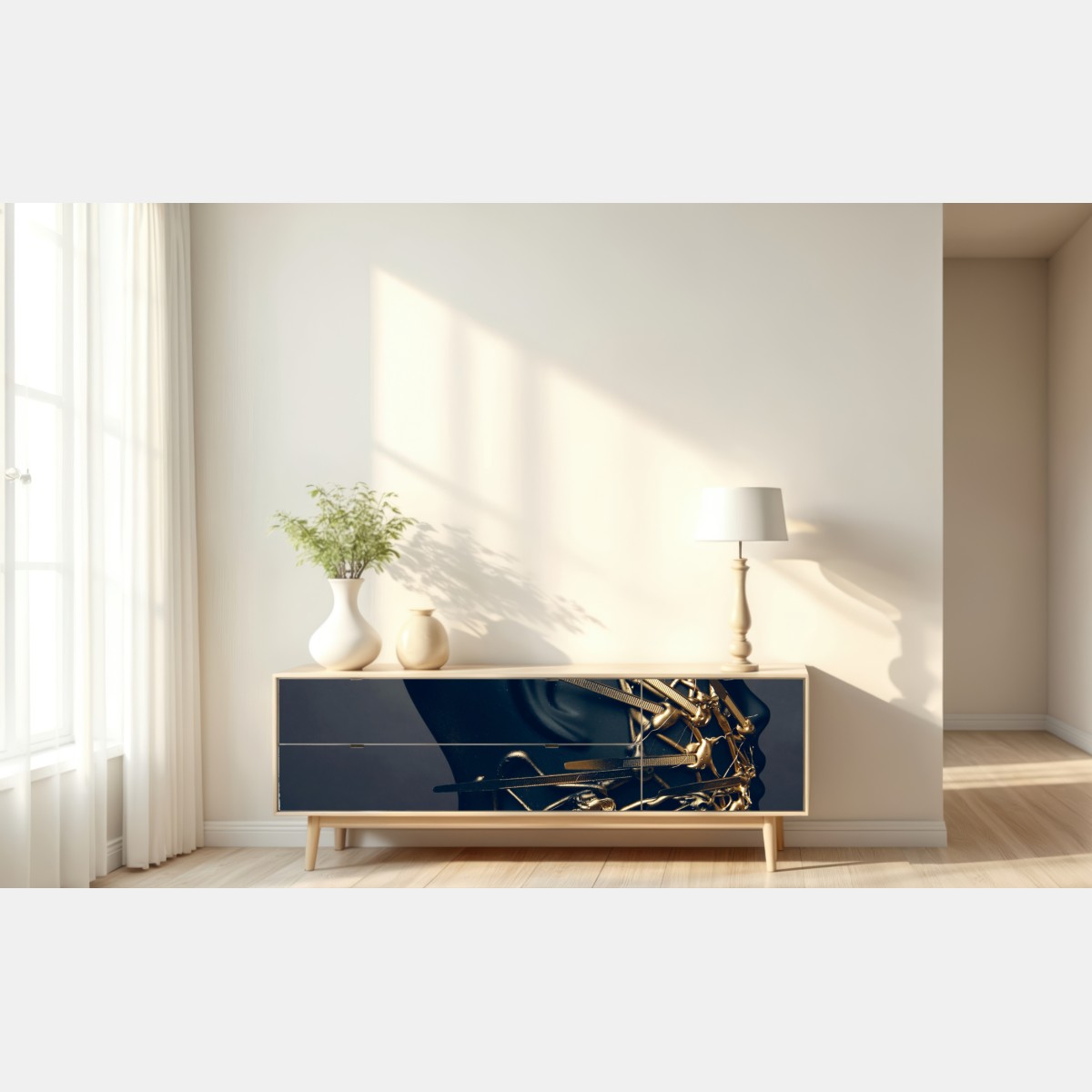 Repositionierbarer Aufkleber goldene drahtskulptur auf schwarzer büste – Wallnifity® Repositionierbarer Aufkleber goldene drahtskulptur auf schwarzer büste – Wallnifity®