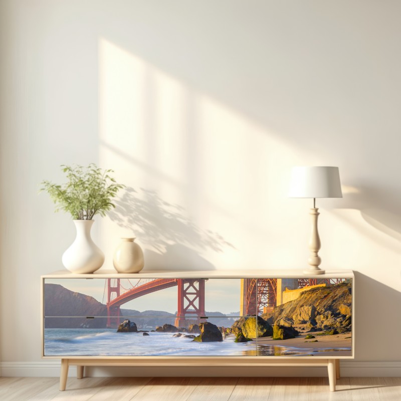 Repositionierbarer Aufkleber Golden Gate Bridge reflektiert am strand – Wallnifity® Repositionierbarer Aufkleber Golden Gate Bridge reflektiert am strand – Wallnifity®