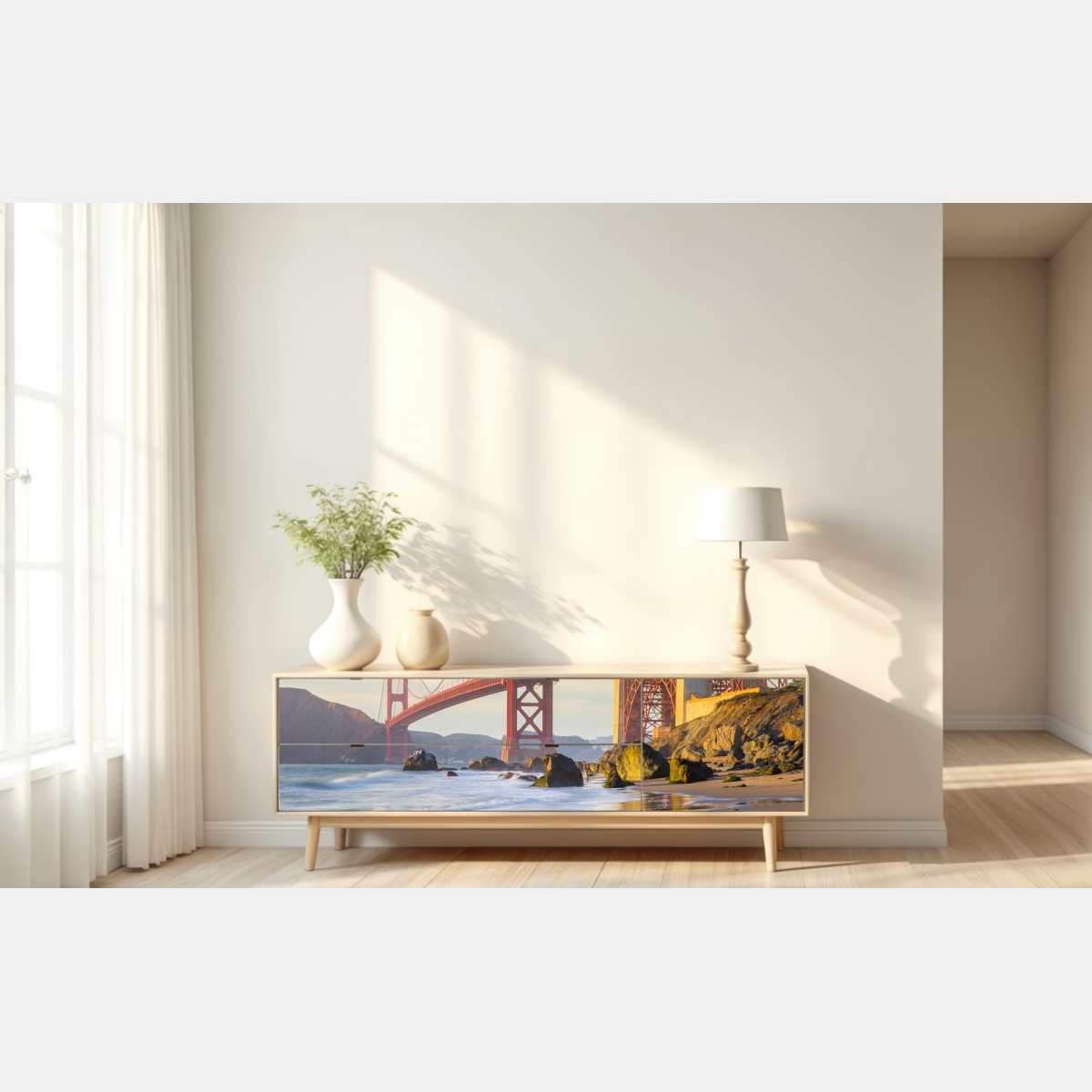 Repositionierbarer Aufkleber Golden Gate Bridge reflektiert am strand – Wallnifity® Repositionierbarer Aufkleber Golden Gate Bridge reflektiert am strand – Wallnifity®
