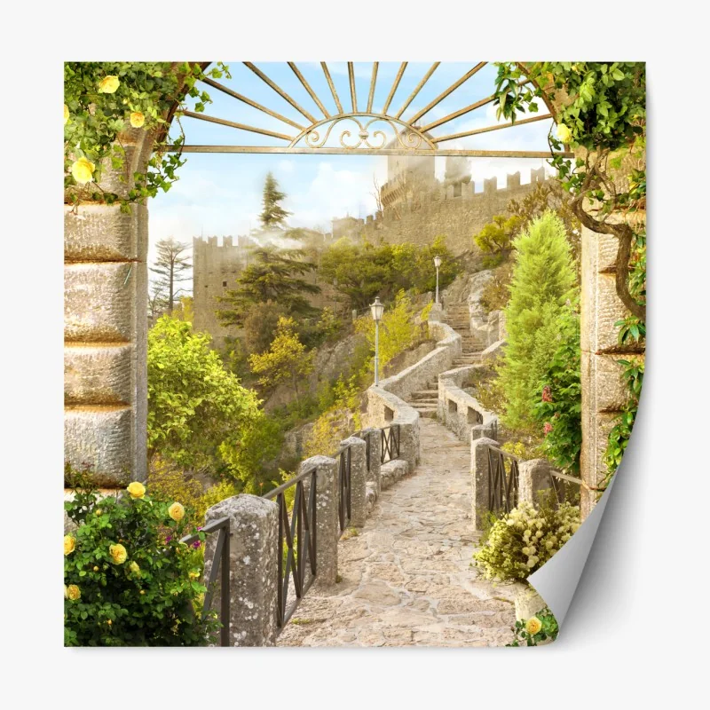 Repositionierbarer Aufkleber sonniger gartenweg zum schloss – Wallnifity® Repositionierbarer Aufkleber sonniger gartenweg zum schloss – Wallnifity®