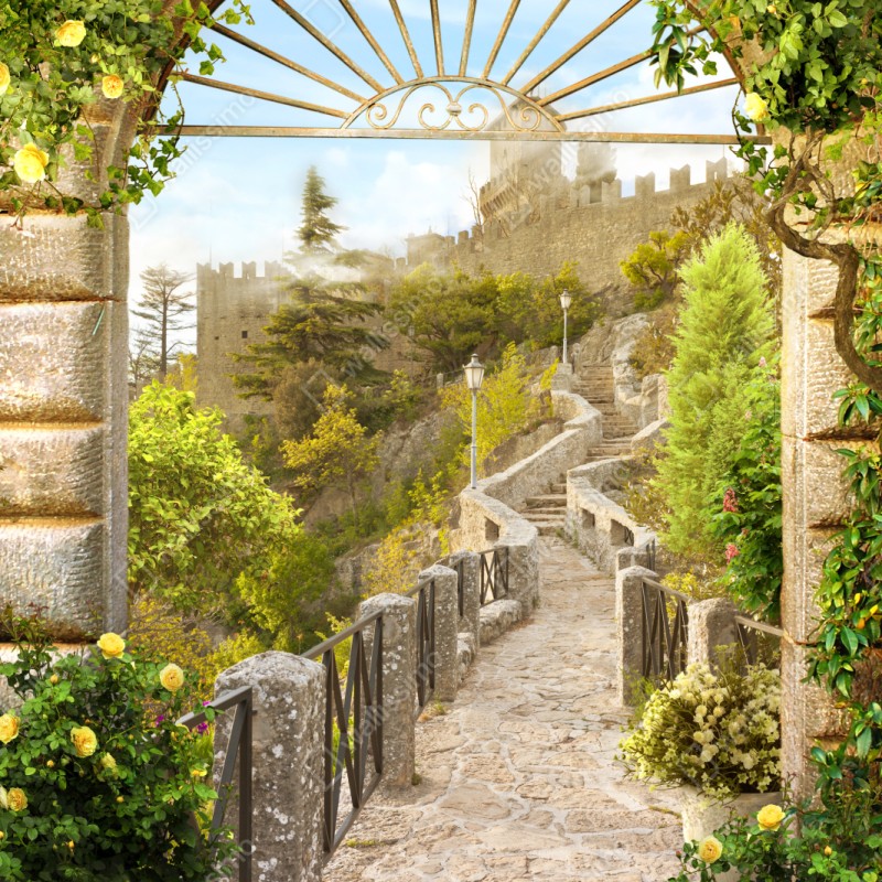 Repositionierbarer Aufkleber sonniger gartenweg zum schloss – Wallnifity® Repositionierbarer Aufkleber sonniger gartenweg zum schloss – Wallnifity®
