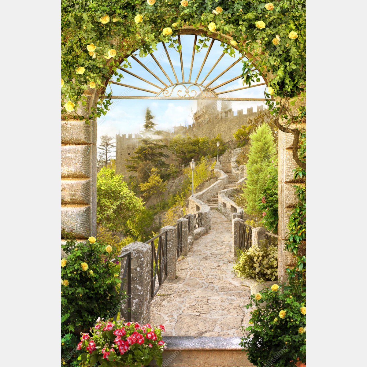Repositionierbarer Aufkleber sonniger gartenweg zum schloss – Wallnifity® Repositionierbarer Aufkleber sonniger gartenweg zum schloss – Wallnifity®