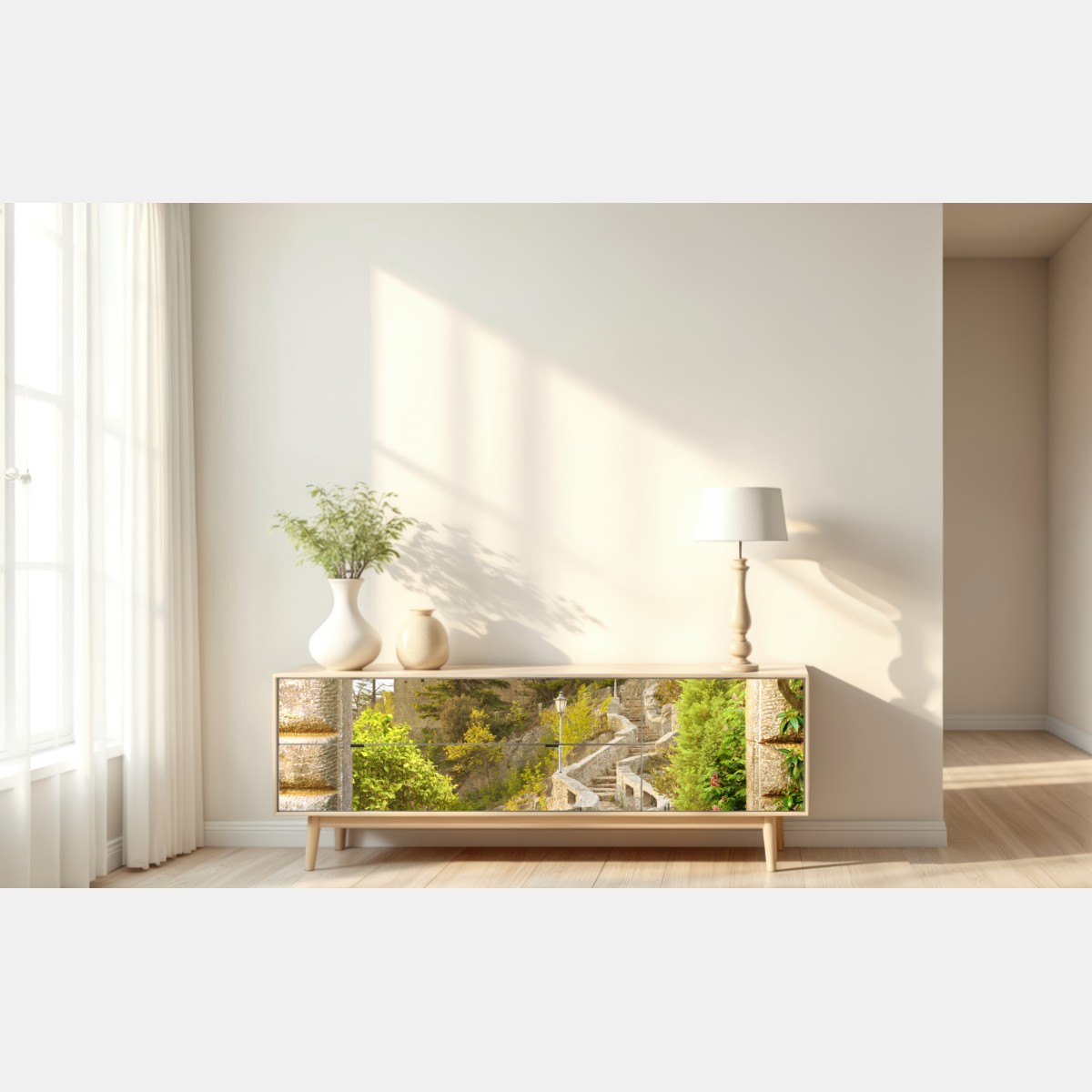 Repositionierbarer Aufkleber sonniger gartenweg zum schloss – Wallnifity® Repositionierbarer Aufkleber sonniger gartenweg zum schloss – Wallnifity®