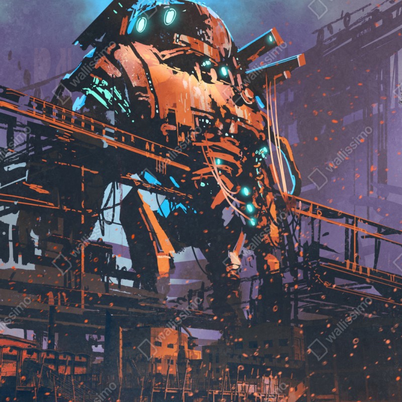 Repositionierbarer Aufkleber riesiger mech in verlassener fabrik – Wallnifity® Repositionierbarer Aufkleber riesiger mech in verlassener fabrik – Wallnifity®