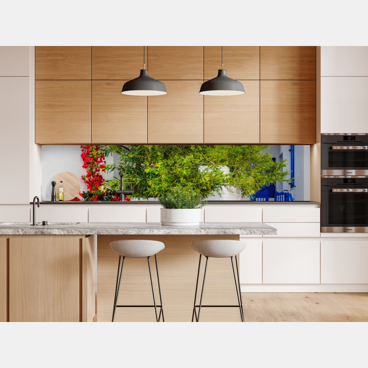 Repositionierbarer Aufkleber sonniger mediterraner innenhof mit bougainvillea – Wallnifity® Repositionierbarer Aufkleber sonniger mediterraner innenhof mit bougainvillea – Wallnifity®