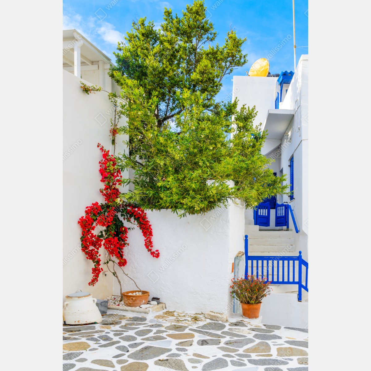 Repositionierbarer Aufkleber sonniger mediterraner innenhof mit bougainvillea – Wallnifity® Repositionierbarer Aufkleber sonniger mediterraner innenhof mit bougainvillea – Wallnifity®