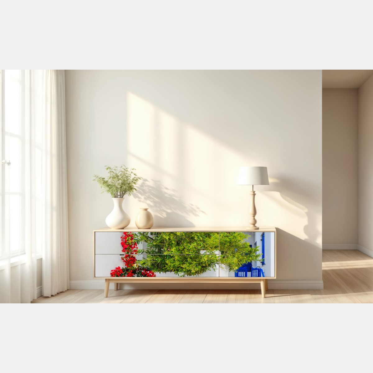 Repositionierbarer Aufkleber sonniger mediterraner innenhof mit bougainvillea – Wallnifity® Repositionierbarer Aufkleber sonniger mediterraner innenhof mit bougainvillea – Wallnifity®