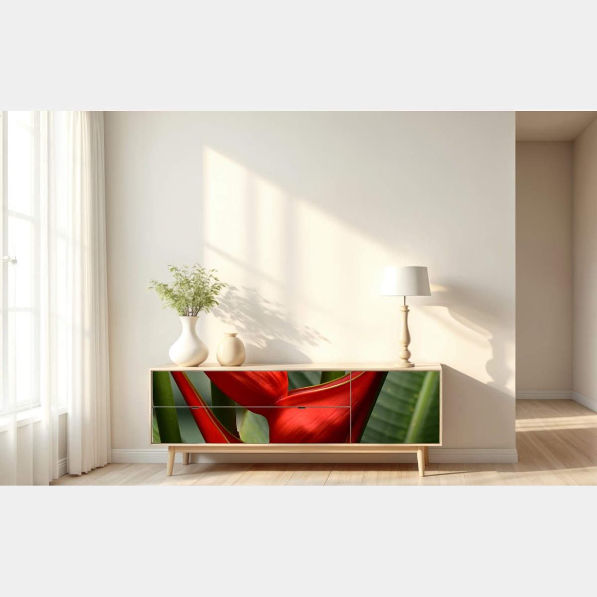Repositionierbarer Aufkleber leuchtende rote heliconia blüte – Wallnifity® Repositionierbarer Aufkleber leuchtende rote heliconia blüte – Wallnifity®