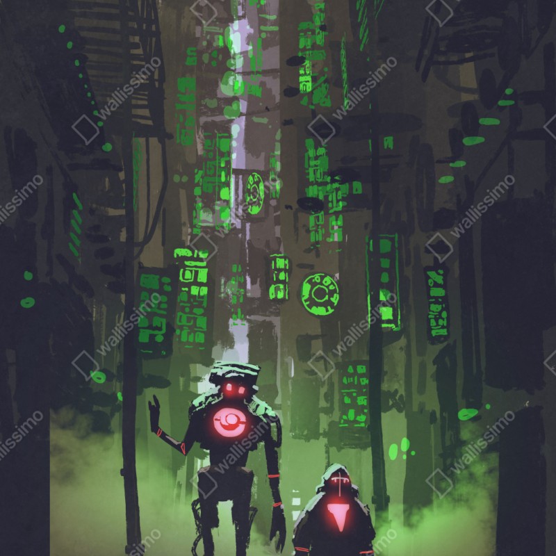 Repositionierbarer Aufkleber roboter in der neon gasse – Wallnifity® Repositionierbarer Aufkleber roboter in der neon gasse – Wallnifity®