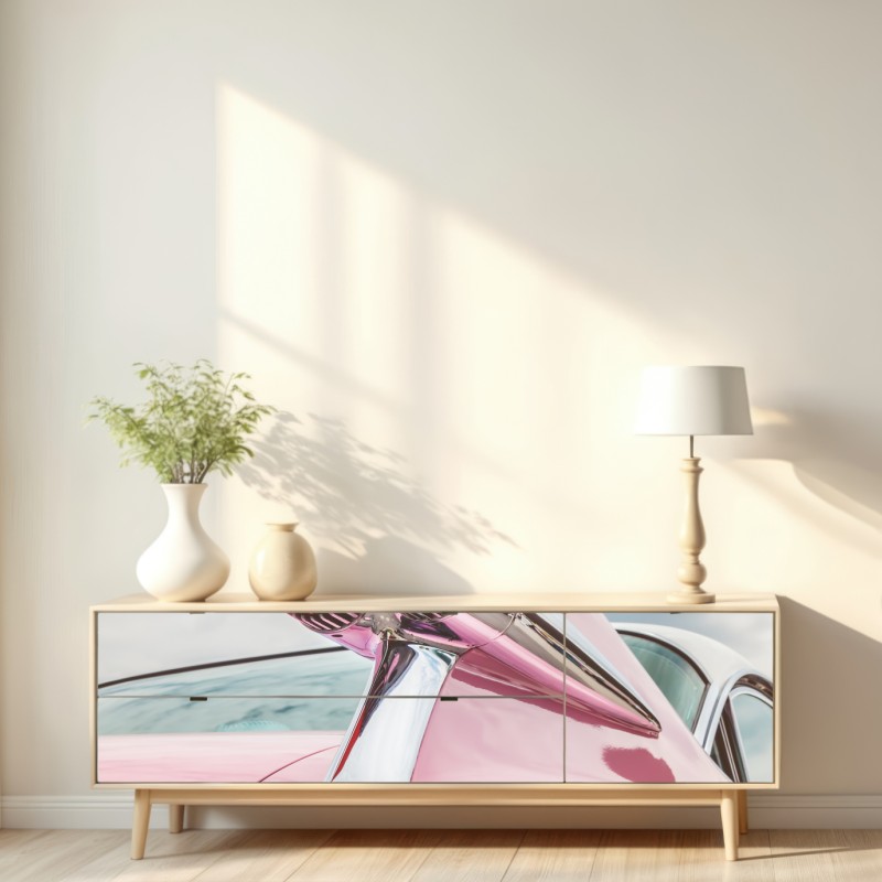 Repositionierbarer Aufkleber rosa retro klassisches auto heckflosse – Wallnifity® Repositionierbarer Aufkleber rosa retro klassisches auto heckflosse – Wallnifity®