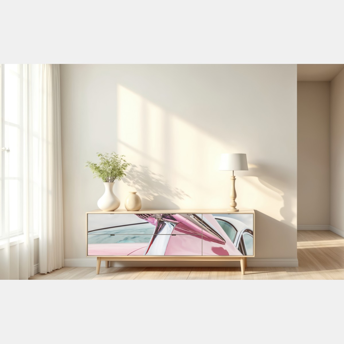 Repositionierbarer Aufkleber rosa retro klassisches auto heckflosse – Wallnifity® Repositionierbarer Aufkleber rosa retro klassisches auto heckflosse – Wallnifity®