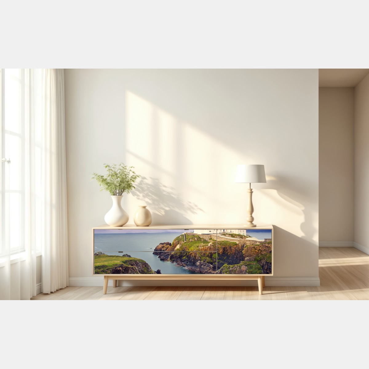 Repositionierbarer Aufkleber lila leuchtturm an steiler küste – Wallnifity® Repositionierbarer Aufkleber lila leuchtturm an steiler küste – Wallnifity®