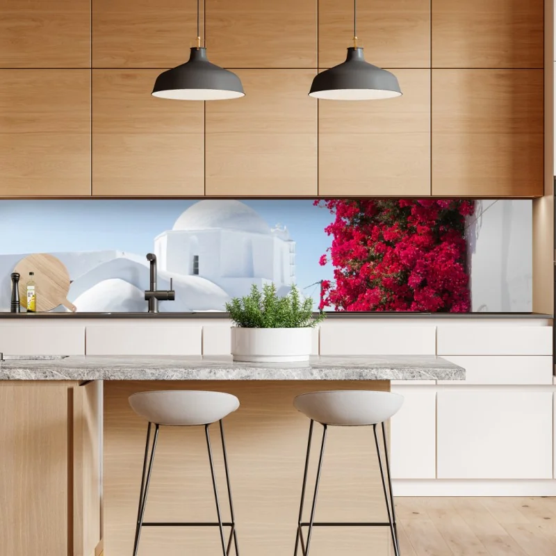 Repositionierbarer Aufkleber sonnige gasse auf der insel mit leuchtender buganvillea – Wallnifity® Repositionierbarer Aufkleber sonnige gasse auf der insel mit leuchtender buganvillea – Wallnifity®