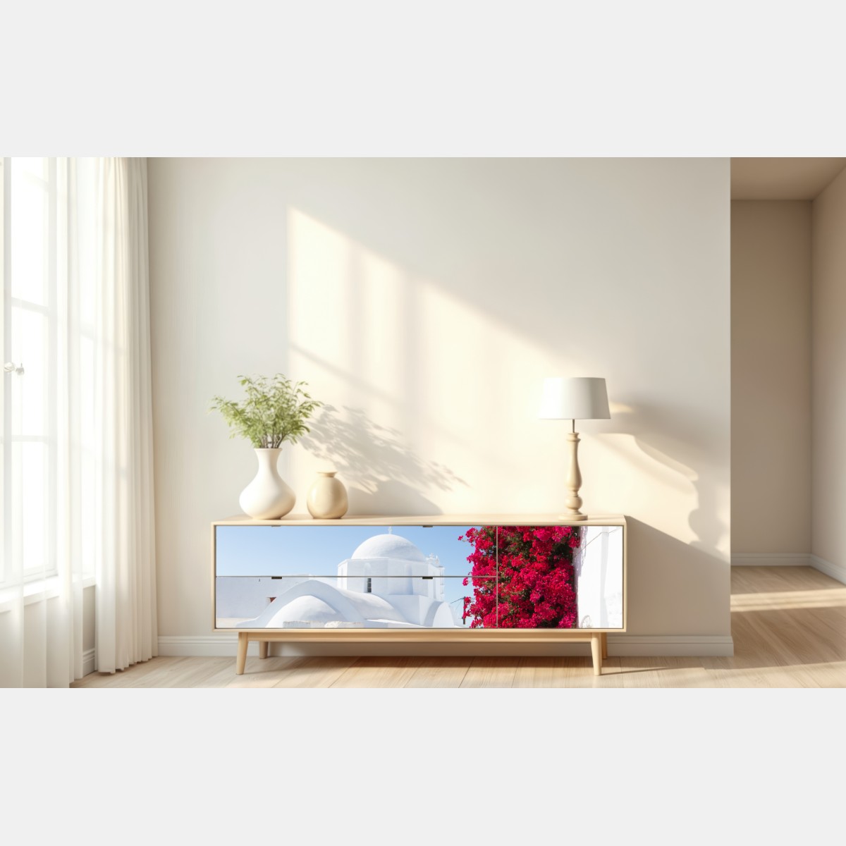 Repositionierbarer Aufkleber sonnige gasse auf der insel mit leuchtender buganvillea – Wallnifity® Repositionierbarer Aufkleber sonnige gasse auf der insel mit leuchtender buganvillea – Wallnifity®