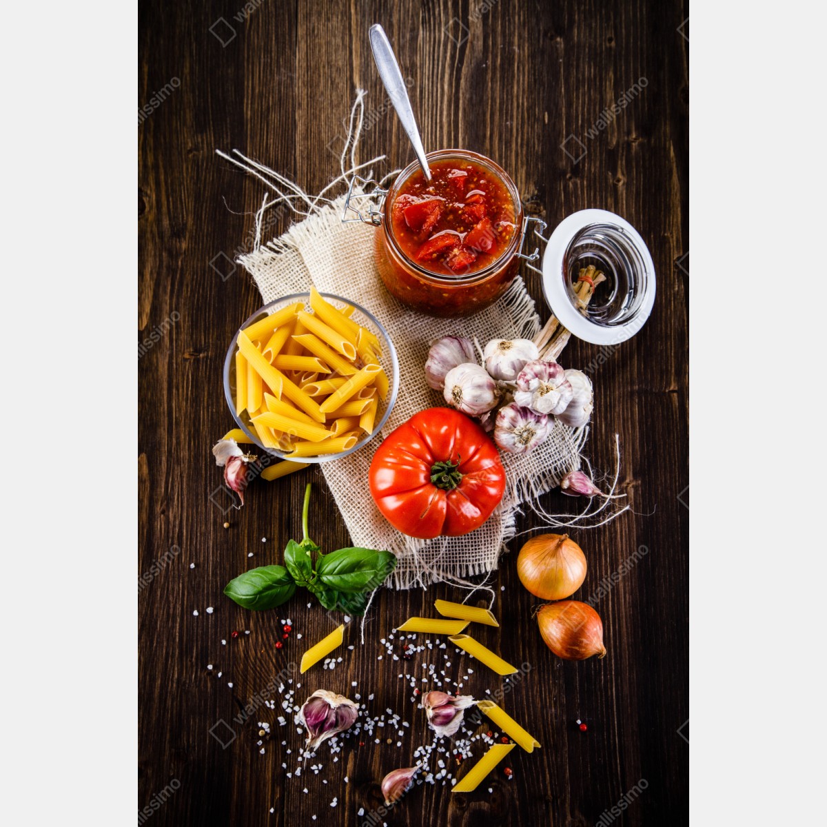 Repositionierbarer Aufkleber rustikales italienisches pasta-arrangement – Wallnifity® Repositionierbarer Aufkleber rustikales italienisches pasta-arrangement – Wallnifity®
