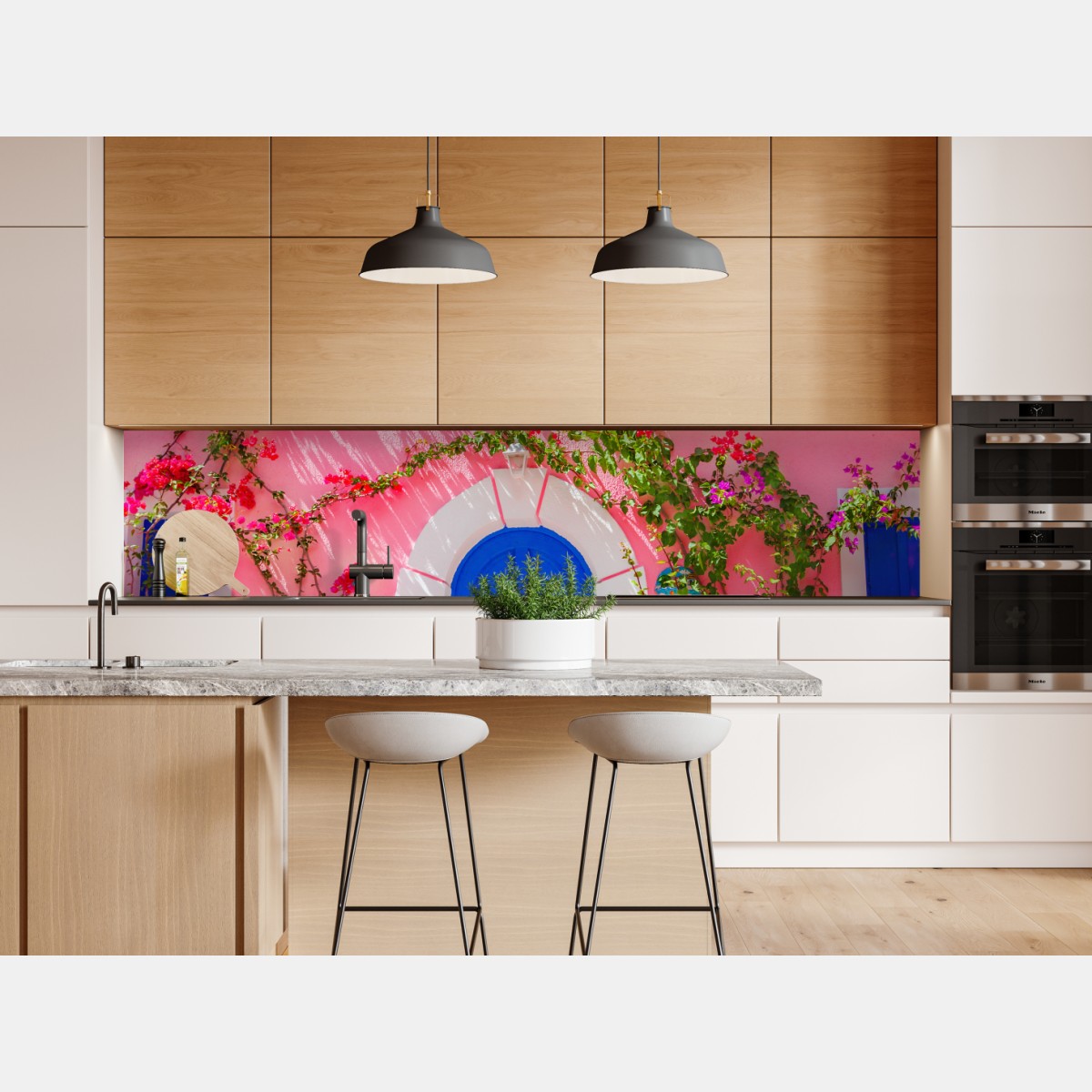 Repositionierbarer Aufkleber leuchtende rosa fassade mit blauer tür – Wallnifity® Repositionierbarer Aufkleber leuchtende rosa fassade mit blauer tür – Wallnifity®