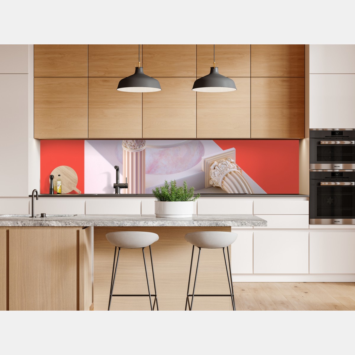 Repositionierbarer Aufkleber marmorkugel und klassische säulen auf orange – Wallnifity® Repositionierbarer Aufkleber marmorkugel und klassische säulen auf orange – Wallnifity®