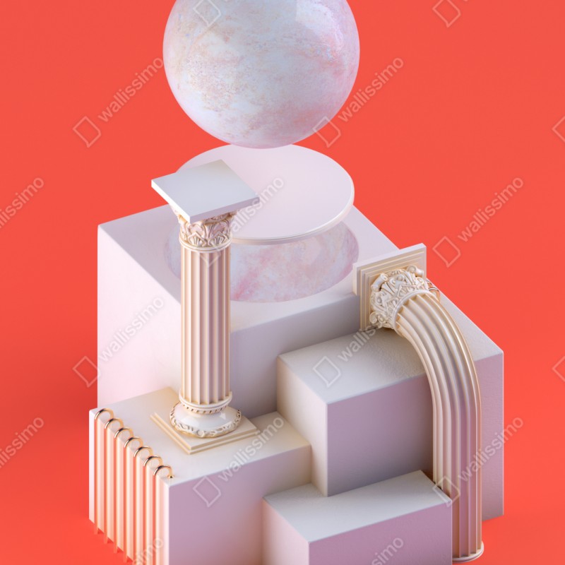 Repositionierbarer Aufkleber marmorkugel und klassische säulen auf orange – Wallnifity® Repositionierbarer Aufkleber marmorkugel und klassische säulen auf orange – Wallnifity®