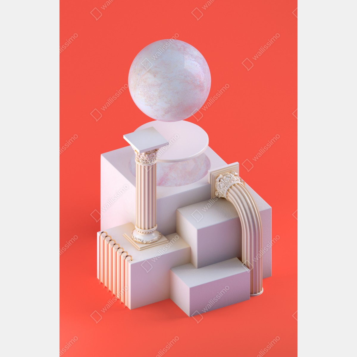 Repositionierbarer Aufkleber marmorkugel und klassische säulen auf orange – Wallnifity® Repositionierbarer Aufkleber marmorkugel und klassische säulen auf orange – Wallnifity®