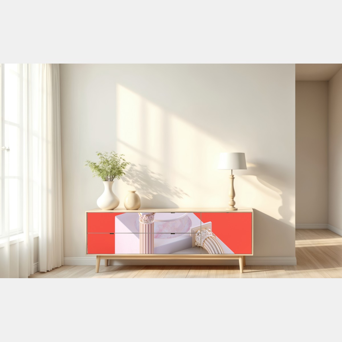 Repositionierbarer Aufkleber marmorkugel und klassische säulen auf orange – Wallnifity® Repositionierbarer Aufkleber marmorkugel und klassische säulen auf orange – Wallnifity®