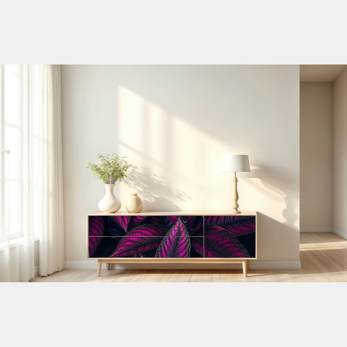 Repositionierbarer Aufkleber leuchtendes violettes blättermotiv – Wallnifity® Repositionierbarer Aufkleber leuchtendes violettes blättermotiv – Wallnifity®