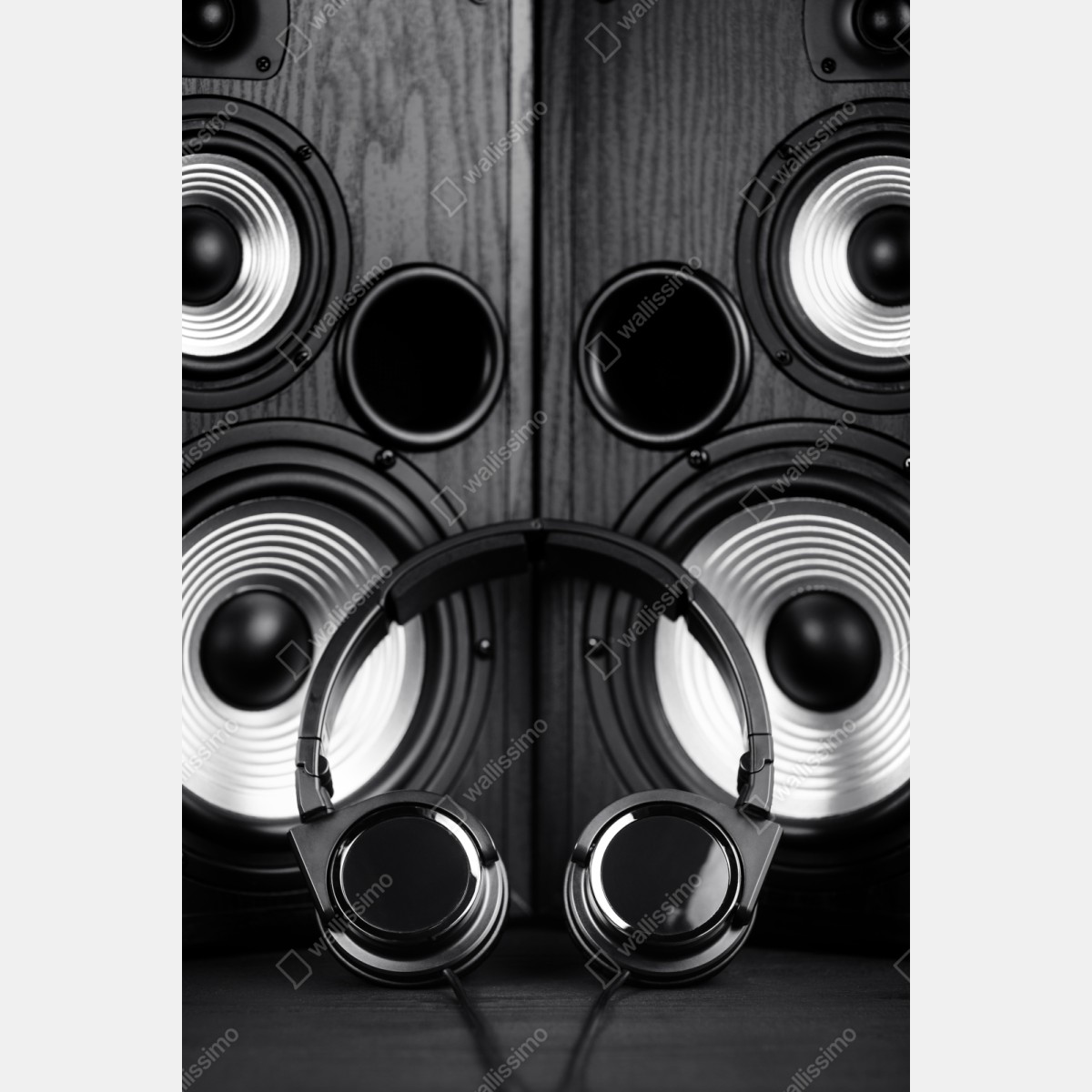 Repositionierbarer Aufkleber monochromes audio-ensemble mit kopfhörern und lautsprechern – Wallnifity® Repositionierbarer Aufkleber monochromes audio-ensemble mit kopfhörern und lautsprechern – Wallnifity®
