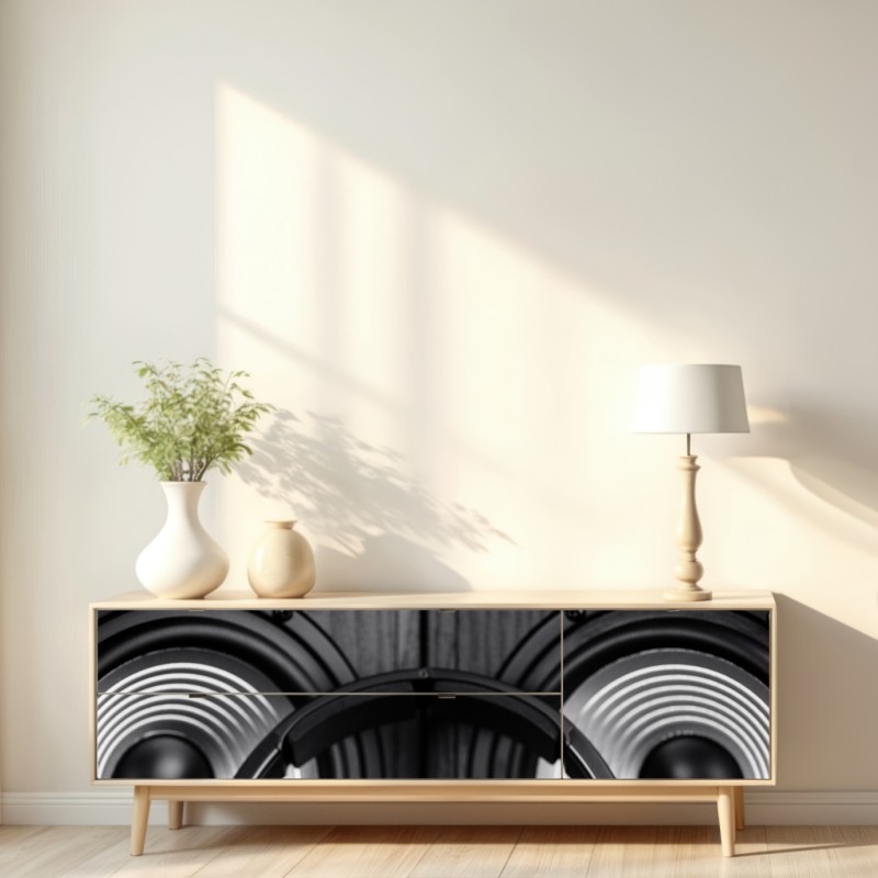 Repositionierbarer Aufkleber monochromes audio-ensemble mit kopfhörern und lautsprechern – Wallnifity® Repositionierbarer Aufkleber monochromes audio-ensemble mit kopfhörern und lautsprechern – Wallnifity®